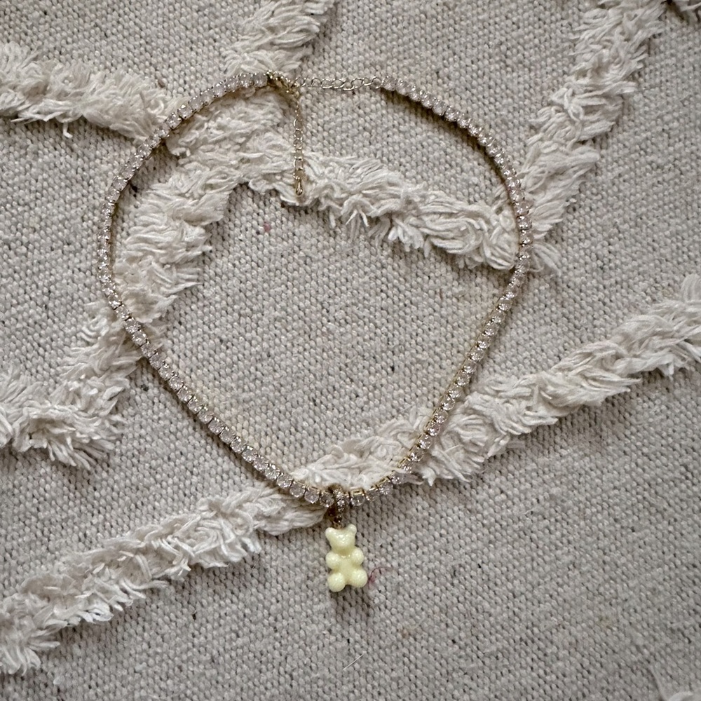 Gold Micro Tennis Necklace with Gummy Bear Charm Pendant